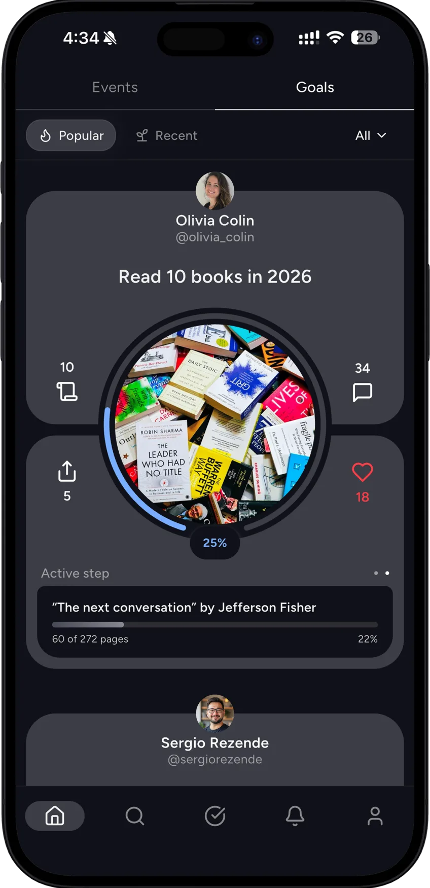 Future You goals feed with a public goal card: Read 10 books in 2026, 25% done