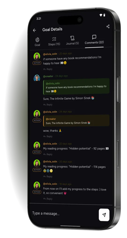 Goal comments in Future You: people discussing their reading progress