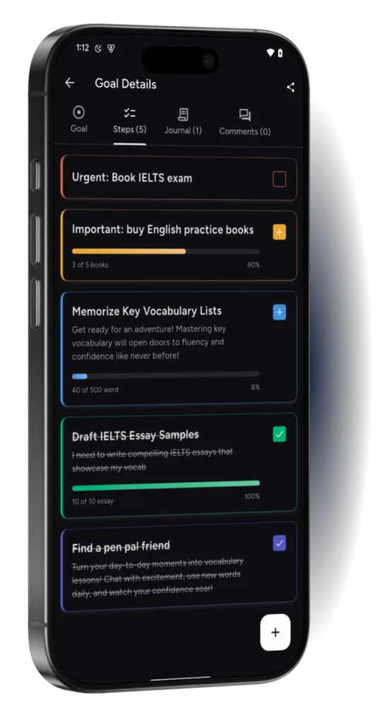 Goal steps in Future You, each with its own progress bar